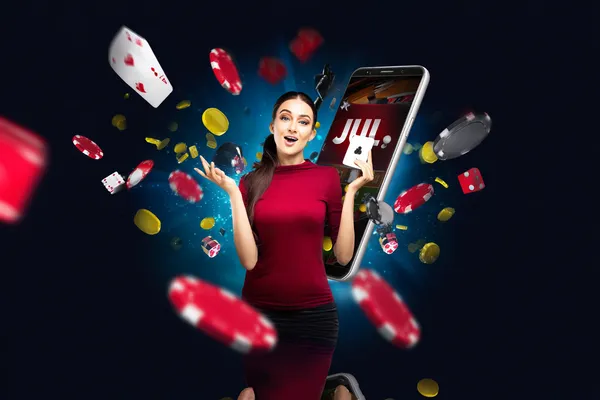 Une jeune femme se détend avec son téléphone tandis que des éléments de casino flottent autour d'elle, illustrant l'expérience mobile fluide proposée par l'application KWANZA.