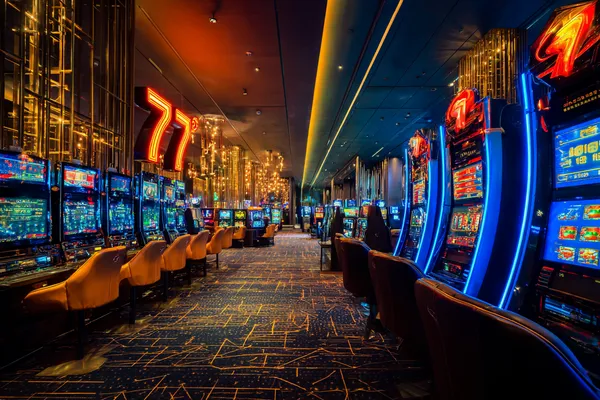 Une femme stylée près de machines à sous lumineuses affichant des sevens, mettant en avant la variété des meilleurs slots sur KWANZA.